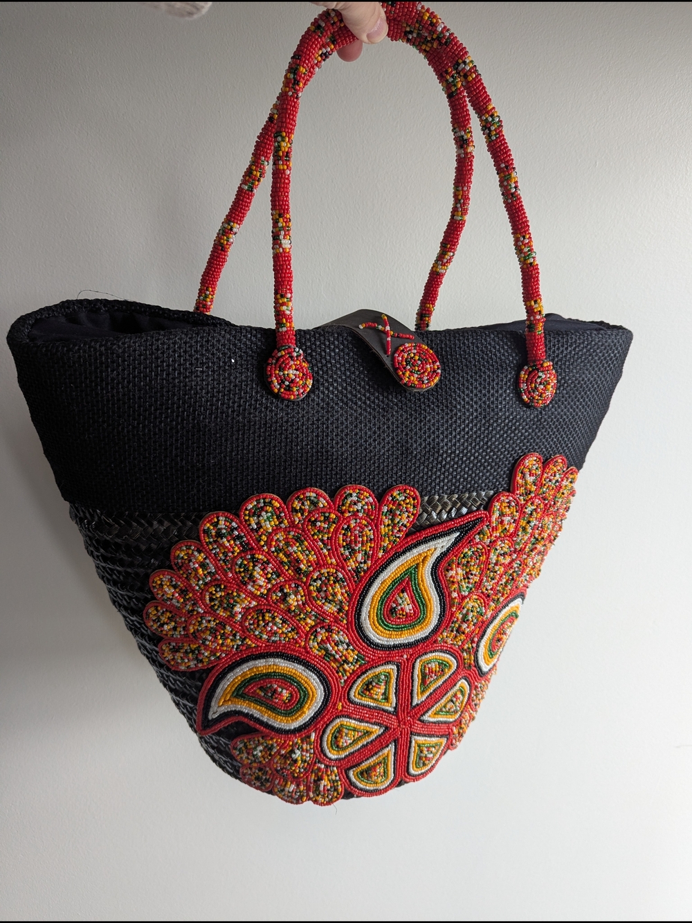 Black Beaded Tote with Red Multicolor Beaded Accent